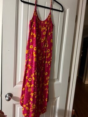Bright Pink Floral Maxi Slip Jumpsuit with Yellow Sunflowers